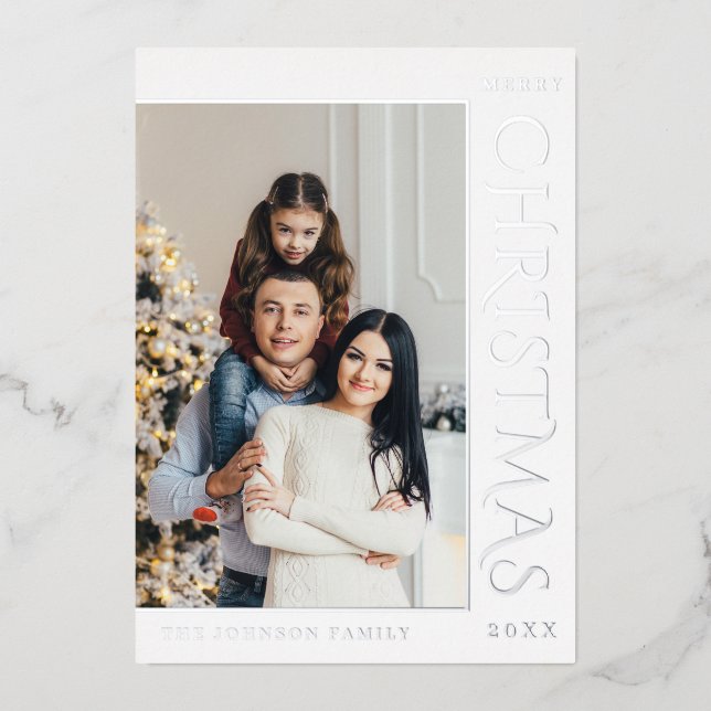 Elegant Minimalist Christmas Photo Silver Foil Holiday Card (Front)