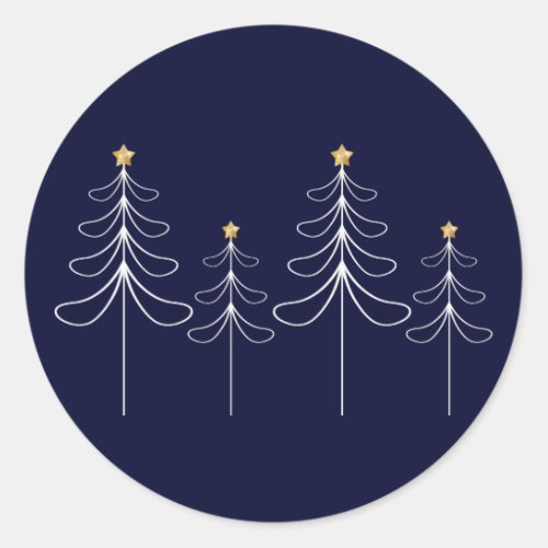 Elegant minimalist Christmas tree design blue Classic Round Sticker