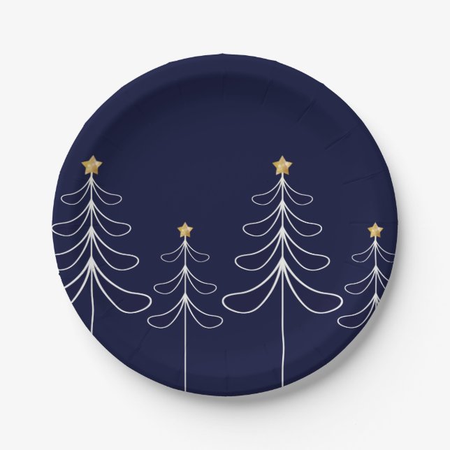 Elegant minimalist Christmas tree design blue Paper Plates (Front)