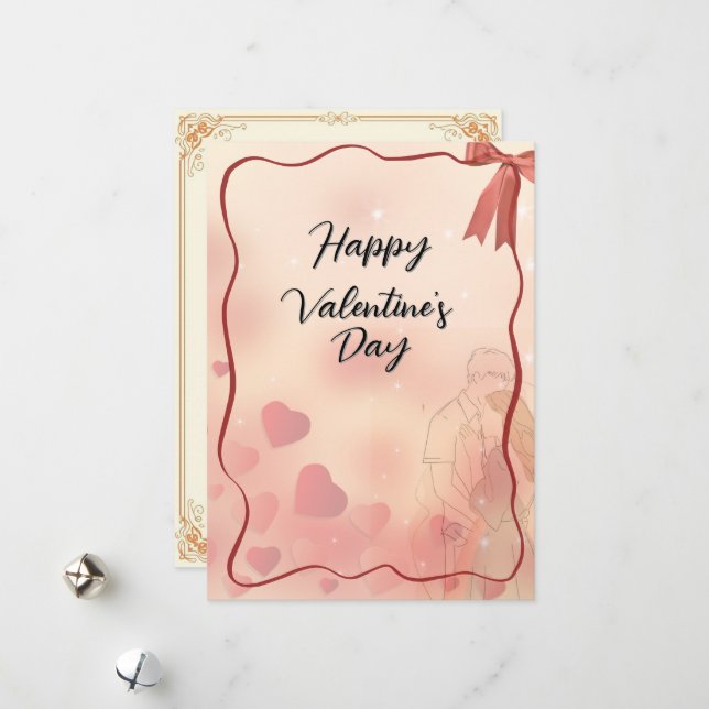 Elegant Minimalist Couple Line Art Happy Valentine Holiday Card (Front/Back In Situ)