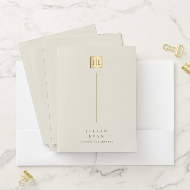 Elegant Minimalist Creamy Gold Shiny Monogram Pocket Folder (In Situ)