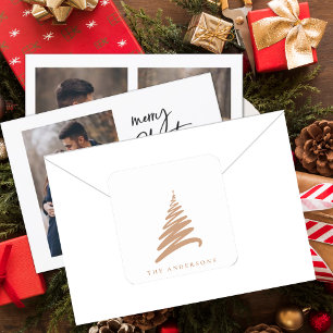 Elegant Minimalist Custom Name Gold Christmas Tree Square Sticker