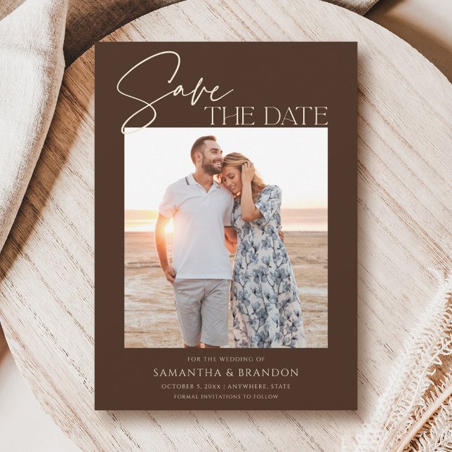 Elegant Minimalist Dark Brown Photo Save The Date (Creator Uploaded)
