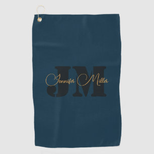 Elegant minimalist dark denim blue monogram design golf towel