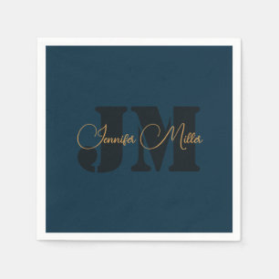 Elegant minimalist dark denim blue monogram design napkins
