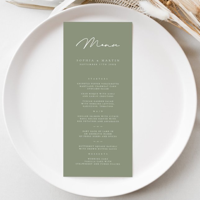 Elegant Minimalist Dark Gray Olive Wedding Menu (Creator Uploaded)