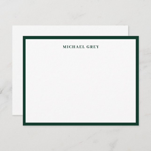 Elegant Minimalist Dark Green Name Border Flat Note Card (Front/Back)
