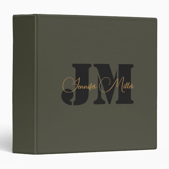 Elegant minimalist dark olive monogram design 3 ring binder (Front/Spine)
