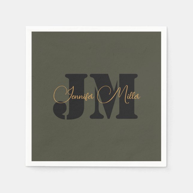 Elegant minimalist dark olive monogram design napkins (Front)