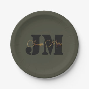 Elegant minimalist dark olive monogram design paper plates