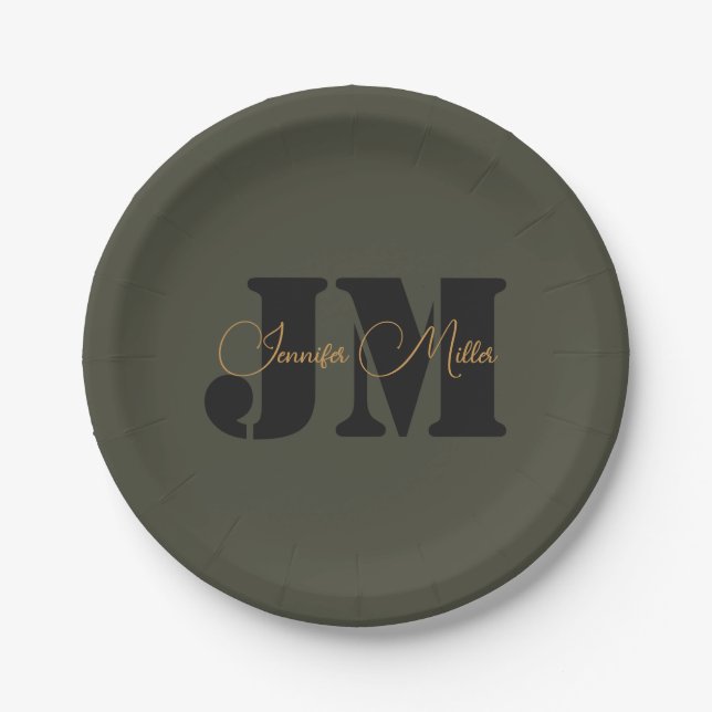 Elegant minimalist dark olive monogram design paper plates (Front)
