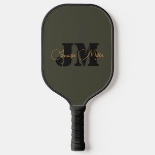 Elegant minimalist dark olive monogram design pickleball paddle