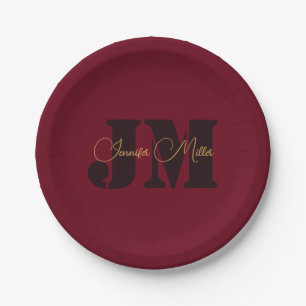 Elegant minimalist deep burgundy monogram design paper plates