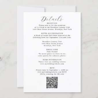 Elegant Minimalist Details RSVP QR Code Wedding Invitation | Zazzle