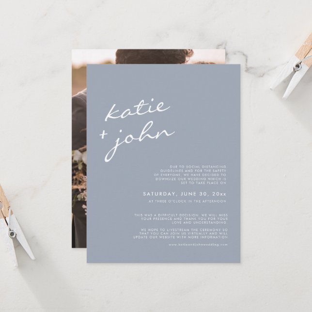 Elegant Minimalist Dusty Blue Downsized Wedding Invitation (Front/Back In Situ)