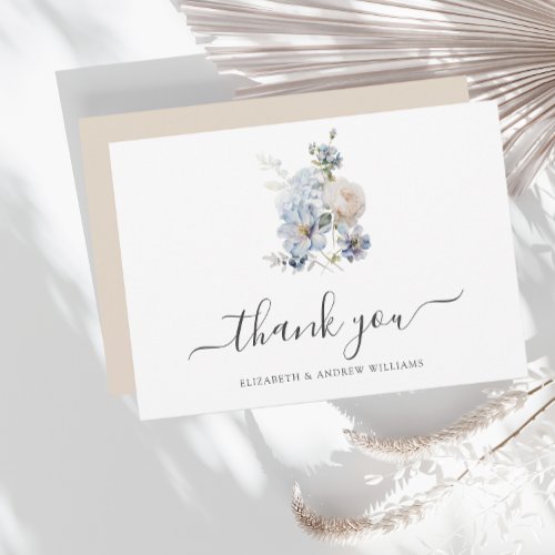 Elegant Minimalist Dusty Blue Flowers Wedding Thank You Card