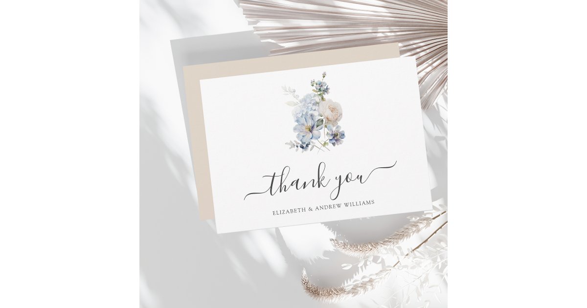 Elegant Minimalist Dusty Blue Flowers Wedding Thank You Card | Zazzle