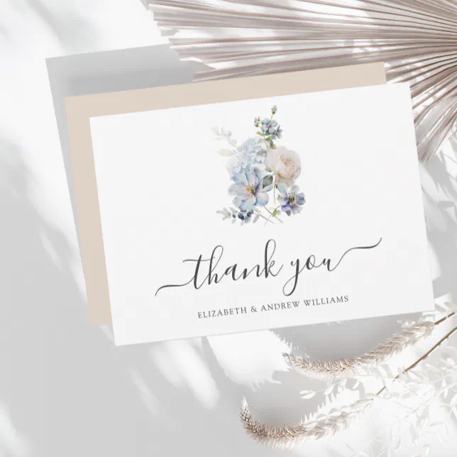 Elegant Minimalist Dusty Blue Flowers Wedding Thank You Card | Zazzle
