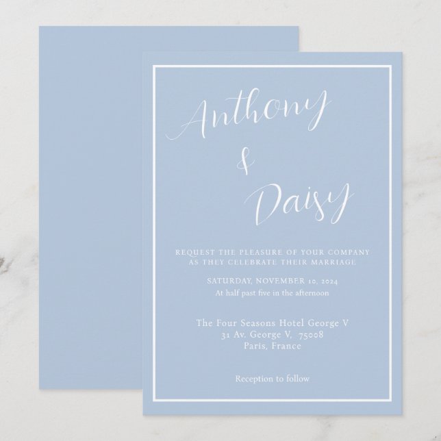 Elegant Minimalist Dusty Blue White Border Wedding Invitation (Front/Back)