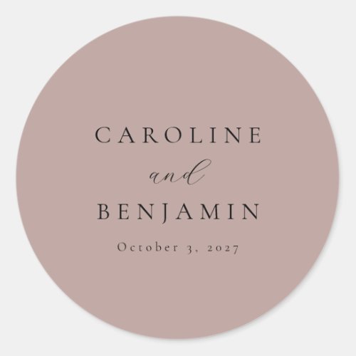 Elegant Minimalist Dusty Mauve Calligraphy Wedding Classic Round Sticker