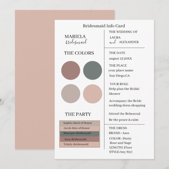 Elegant Minimalist Dusty Rose and Sage Bridesmaid  Invitation (Front/Back)