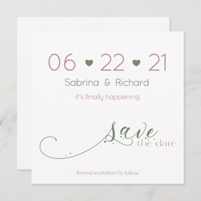 Elegant Minimalist Dusty Rose Sage  Save the Date Invitation (Front/Back)
