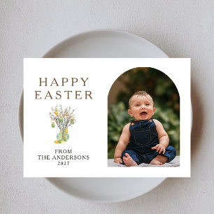Elegant Minimalist Easter Egg Branch Photo Holiday Card