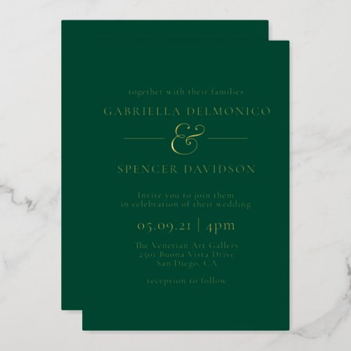 Elegant Minimalist Emerald Green Gold Wedding Foil Invitation