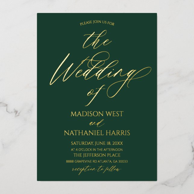 Elegant Minimalist Emerald Green Gold Wedding Foil Invitation (Front)