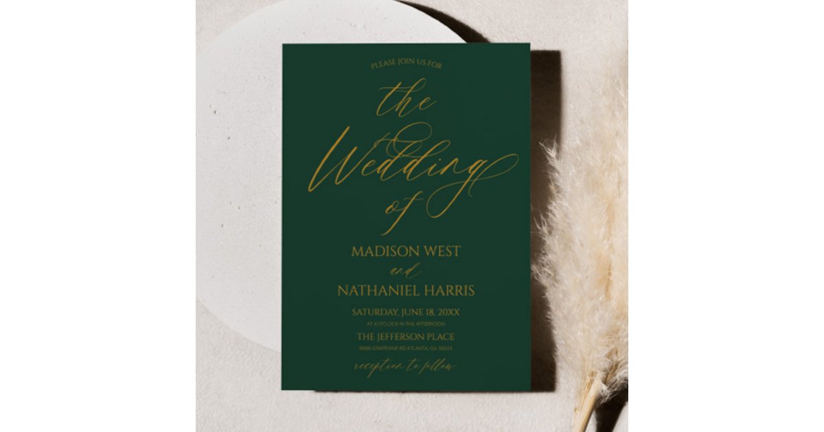 Elegant Minimalist Emerald Green Gold Wedding Invitation | Zazzle