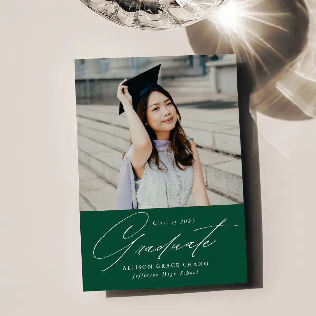 Elegant Minimalist Emerald Green Photo Graduation Announcement | Zazzle