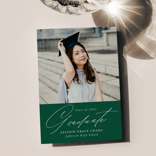 Elegant Minimalist Emerald Green Photo Graduation Announcement