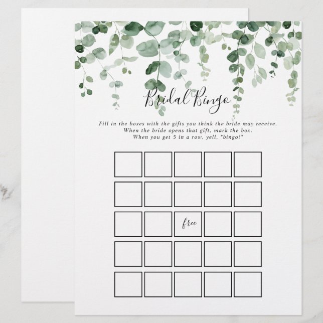 Elegant Minimalist Eucalyptus Bridal Bingo Game (Front/Back)