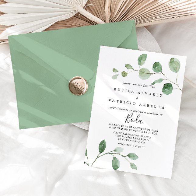 Elegant Minimalist Eucalyptus Spanish Wedding  Invitation (Creator Uploaded)