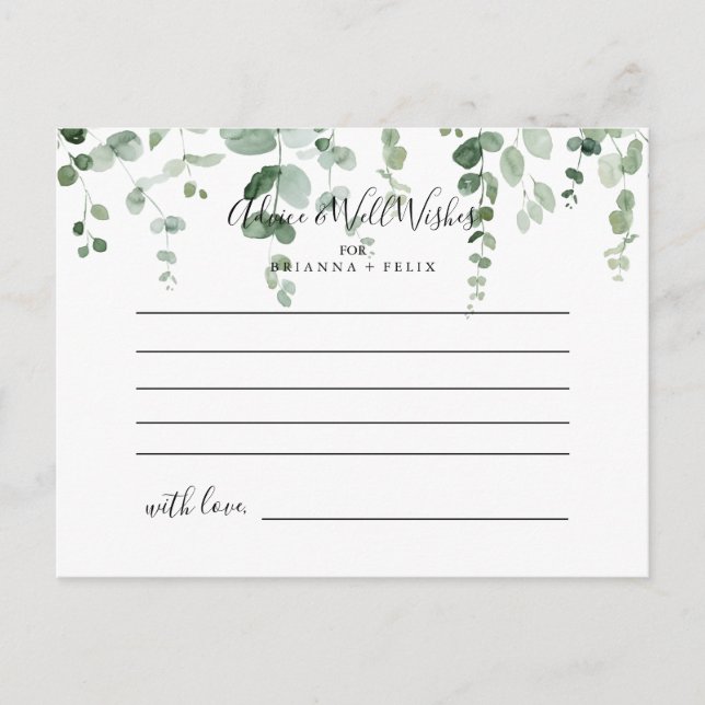 Elegant Minimalist Eucalyptus Wedding Advice Card (Front)