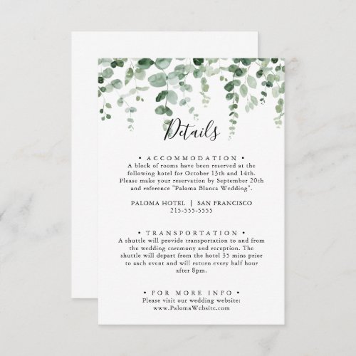 Elegant Minimalist Eucalyptus Wedding Details  Enclosure Card