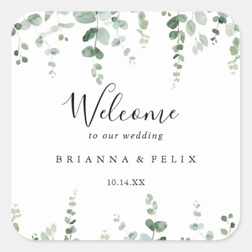 Elegant Minimalist Eucalyptus Wedding Welcome  Square Sticker