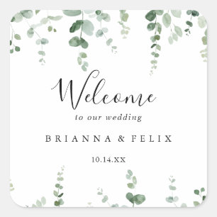 Elegant Minimalist Eucalyptus Wedding Welcome  Square Sticker