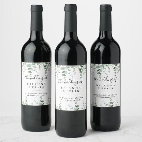 Elegant Minimalist Eucalyptus Wedding Wine Labels