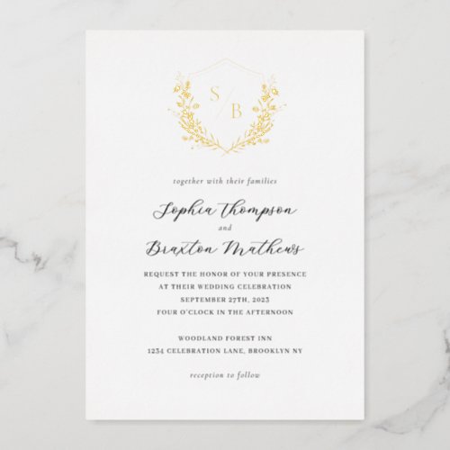 Elegant Minimalist Floral Crest Monogram Wedding Foil Invitation