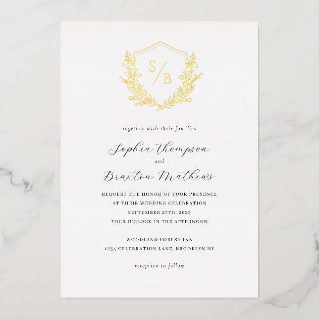 Elegant Minimalist Floral Crest Monogram Wedding Foil Invitation (Front)