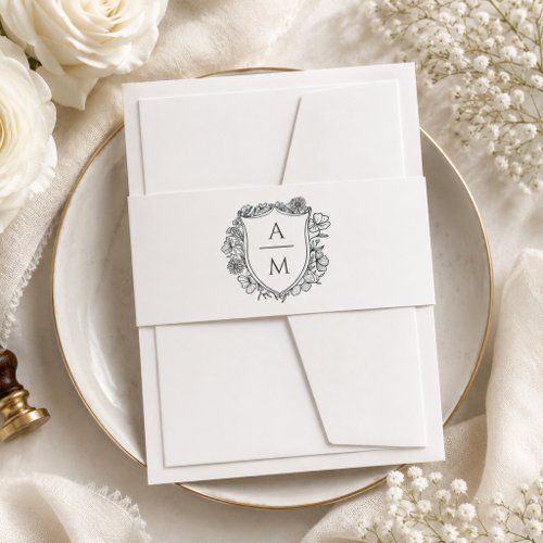 Elegant Minimalist Floral Crest Wedding Monogram Invitation Belly Band