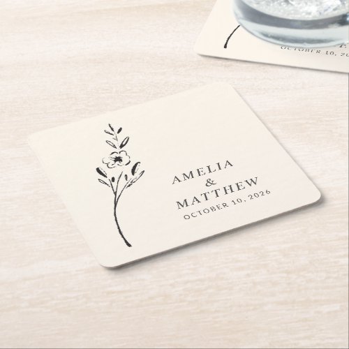 Elegant Minimalist Floral Drawing Custom Wedding Square Paper Coaster