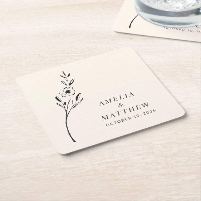 Elegant Minimalist Floral Drawing Custom Wedding Square Paper Coaster (Angled)