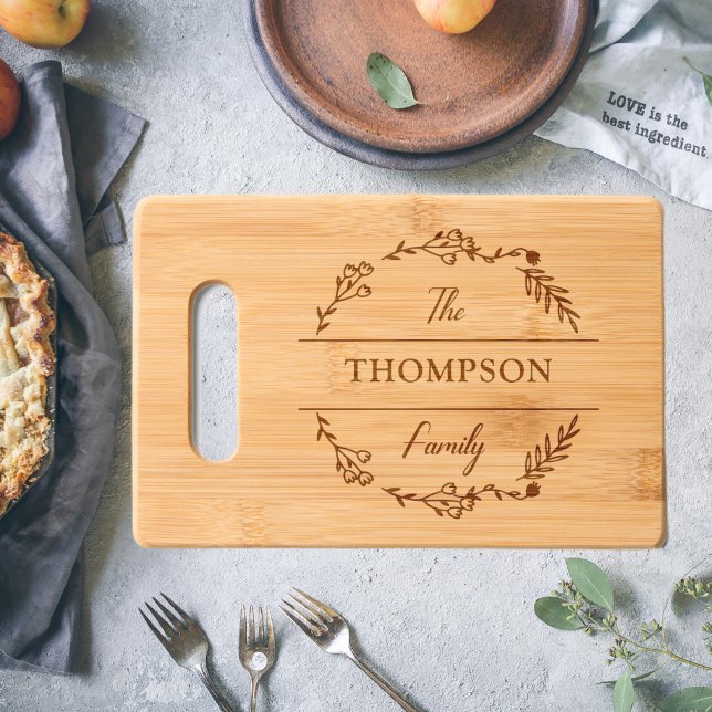 Elegant Minimalist Floral Family Name Newlyweds Engraved Cutting Board (Creator Uploaded)