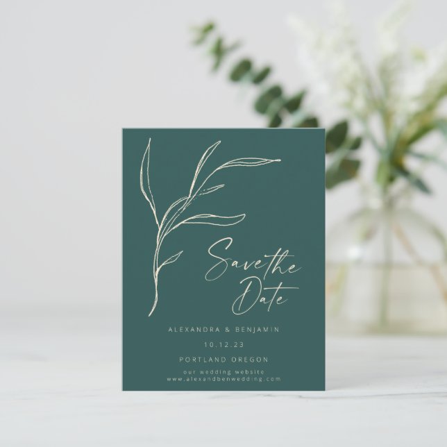 Elegant Minimalist Floral Green Personalized  Save The Date (Standing Front)
