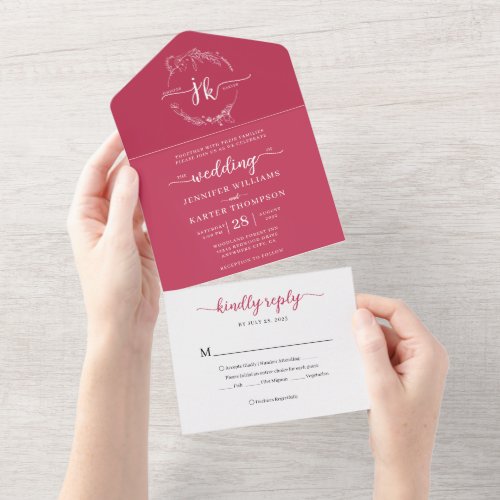 Elegant Minimalist Floral Magenta Monogram Wedding All In One Invitation