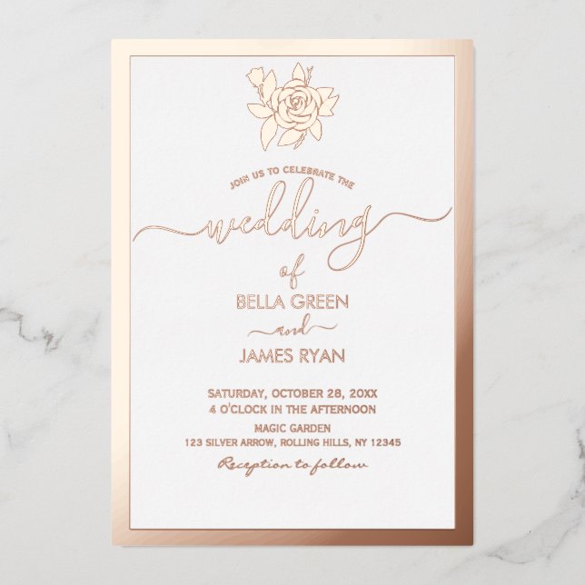 Elegant Minimalist Floral Photo Wedding  Foil Invitation (Front)