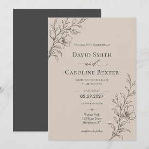 Elegant Minimalist Floral Taupe Wedding Invitation