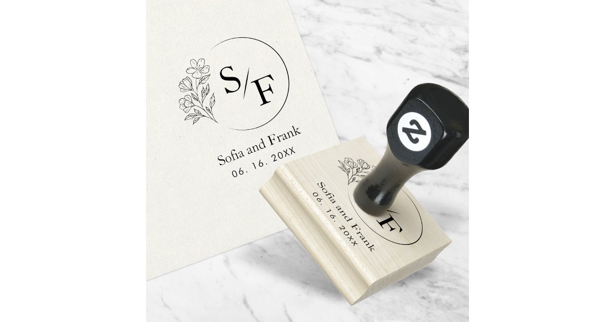 Elegant Minimalist Floral Wedding Monogram Rubber Stamp | Zazzle